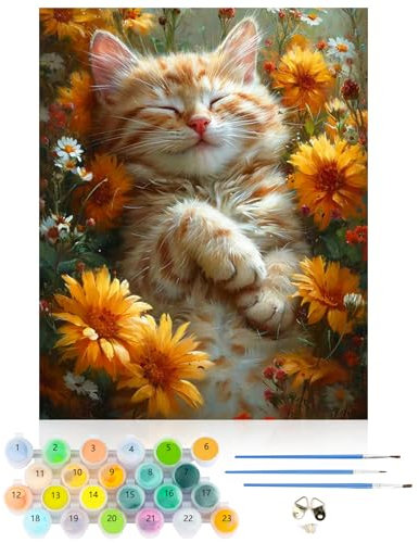 CEOVR Pintar por Numeros Personalizado,Gato Naranja Pintura por Números para Principiantes,Gato Durmiendo Entre Flores Paint by Numbers Adult,DIY Manualidades Adultos Kits 40x50 cm,Sin marco