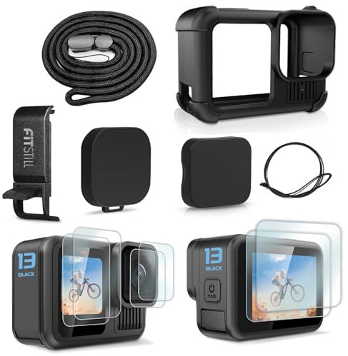 FitStill Funda de silicona negra para Go Pro Hero13 Negro, Cubierta lateral de la batería y tapa de objetivo, protectores de pantalla y cordón para Go Pro Hero 13 Negro Kit de accesorios