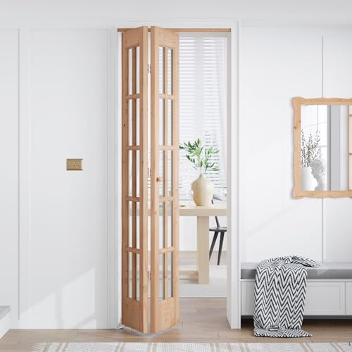 EaseLife Bifold Barn Door for 24in x 80in(Double 12x80) Opening,French Glass Bi-Fold Sliding Closet Doors with 2FT Hardware Kit Included,Bifold Interior Wood Door