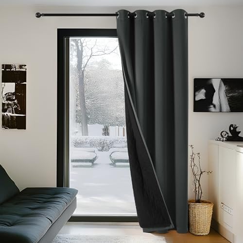 Deconovo Thermal Door Curtains for Winter, Energy saving Window Panel with Thick Microfiber Lining, Draught Reduction Eyelet Blackout Curtain for Bedroom, 52 x 90 Inch (W x H), Dark Grey, 1 Piece