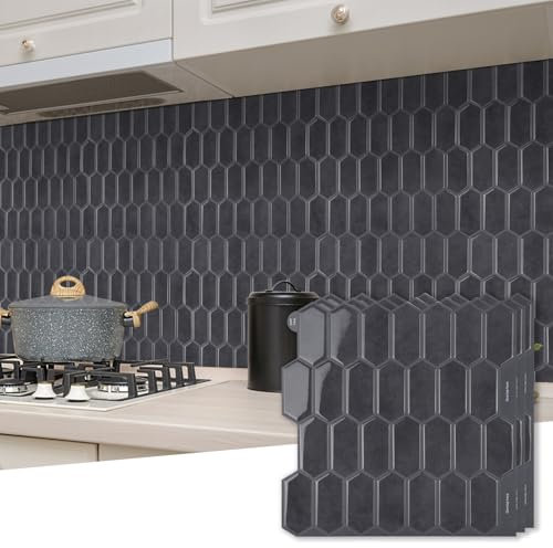 WoStick 3D Vinilo Adhesivo Pared Diamante, 10 Hojas Azulejos Adhesivos Cocina, Largo HexáGono Papel Pared Autoadhesivo Para Cocina BañO (30.5x30.5cm)