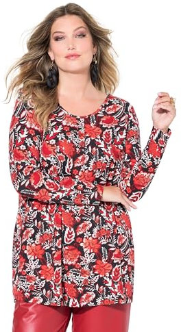 MIAMODA Damen große Größen Übergrößen Plus Size T-Shirt, A-Linie, florales Muster, Langarm rot 52 836712535-52