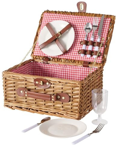 Handgefertigter Picknickkorb Pascal mit Geschirrset für 2 Personen, Weidenkorb mit Karo-Muster