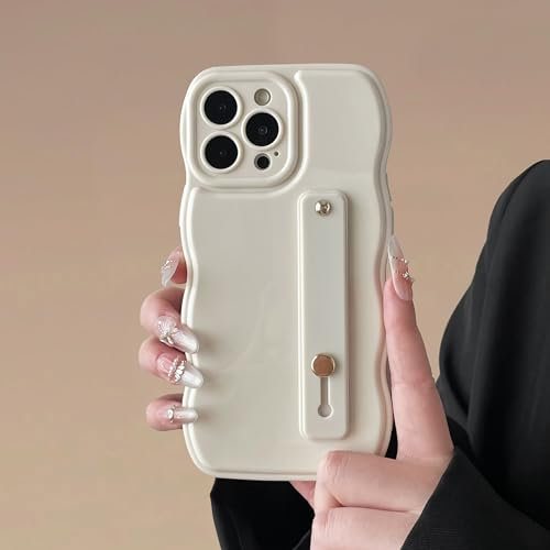 FABSPARK Phone Case for iPhone 14 Pro with Flexible Adjustable Soft Finger Hand Wrist Strap Holder Kickstand,Wave Design Wavy Frame Silicone Aesthetic for iPhone 14 Pro Phone Case,Beige