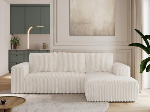 MKS MEBLE Sofa mit Schlaffunktion - Ecksofa mit Schlaffunktion und Bettkasten - Sofa 3 Sitzer - Schlafsofa - Couch - Schlafsofa mit Bettkasten - Trentino L - Beige Cord - Rechts