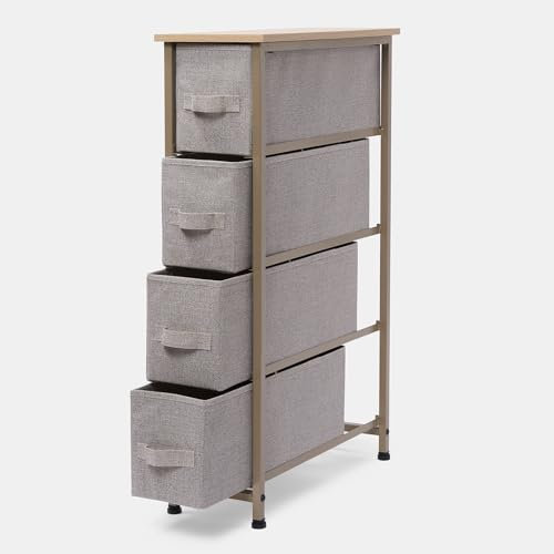 OHS Brooklyn 4 Chest of Drawers Narrow Fabric Cabinet Space-Saving Storage Organizer Stylish Sturdy Frame with 4 Canvas Drawers For Any Room or Office, Beige