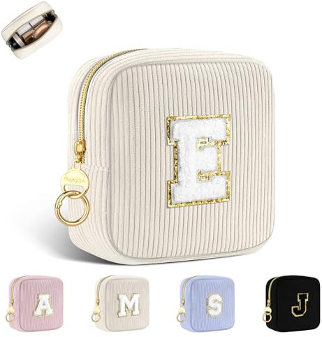 Petit Trousse Personnalisable Pochette Maquillage Femme Mini Trousse de Toilette Fille avec Initiale Sac de Cosmétiques en Velours Côtelé Personnalisée Cadeau Anniversaire Noël Filles Maman(Beige-E)