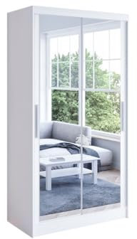 Haute Qualité Armoire à Portes coulissantes Blanche avancée avec Miroir 100 x 200 x 58 cm, Meuble de Rangement pour Chambre à couc