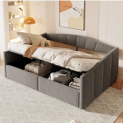 EINHOM Tagesbett Schlafsofa 140x200 cm, Polsterbett mit Hydraulischer Lagerung, Sofabett mit Lattenrost und Armlehnen, Klassisch Gestreift, Samtstoff, Ohne Matratze, Grau