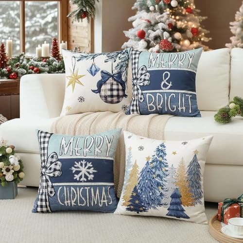 Artscope 4er-Set Weihnachten Kissenbezüge, Dekorativ Kissenbezug Dekokissen Kissenhülle Zierkissenbezüge für Couch Sofa Wohnzimmer Büro Weihnachtsdeko (50x50cm, Weihnachtsbaum Weihnachtskugel Blau)