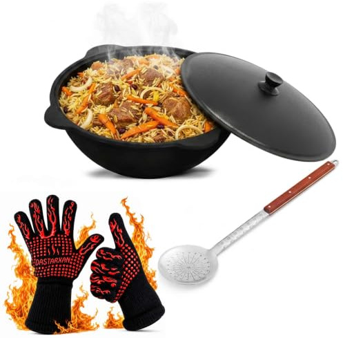 Kasan Gusseisen 16L mit Aluminium Deckel Schaumkelle Grillhandschuhe | Original Usbekistan Kochset für Plov Wok Grill Traditioneller Gusstopf Usbekisch Grillwok Ofenhandschuhe Hitzebeständig
