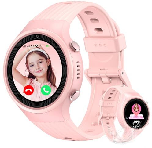 Smartwatch Kinder - 4G Smartwatch mit Telefonfunktion, GPS-Ortung, Videoanrufen, Chat,WIF, Fotoaufnahme, Wecker, SOS-Notruf und Schrittzähler, geeignet für Kinder im Alter von 4-12 Jahren (Rosa)