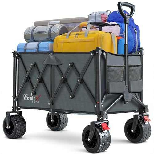 COMLAX FIELD Bollerwagen Faltbar 200L 200KG, Handwagen, Strandwagen | Faltbollerwagen, Klappbar, mit Breiten All Terrain Räder, mit Bremsen, Griff Verstellbar, für Camping Strand Garten Einkaufen