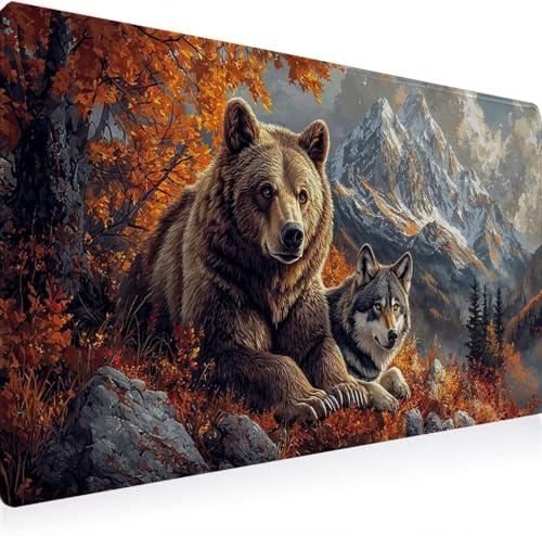 Mauspad XXL 900 x 400 mm Schreibtischunterlage Gaming Mousepad Wasserdicht und Rutschfester Gummi Verbessert Präzision und Geschwindigkeit Mousepad Geschenke für Männer Bürobedarf (Bär Wolf) B0J-352