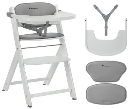 Bebeconfort Timba 2 mit Kissen, Mitwachsender Hochstuhl Baby, Ab 6 Monaten, Bis 110 kg, Ergonomischer Baby & Kinderhochstuhl Holz, Fast alle Esstische, Abnehmbares Tablett, White + Grey