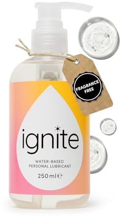 Ignite Lubricante Sexual a Base de Agua Gel Íntimo Compatible con Juguetes | Base agua, pH neutro, sin perfume, compatible con preservativos, vegano, sin parabenos, no pegajoso, 250 ml, textura suave