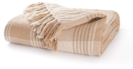 EHC Premium Reversible 100% Cotton Large 225 x 250 cm Tartan Throws for Sofa, Bedspread, Beige