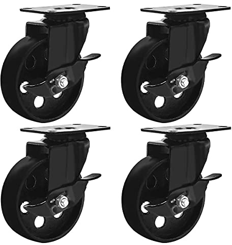 FactorDuty 4 Ruedas Giratorias con Placa Giratoria de Metal Negro con Bloqueo de Freno Acero de Alto Calibre para Trabajo Pesado (4 con Freno)