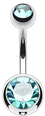 Piersando Bauchnabelpiercing Bauch Banane Piercing Stecker Gebogen Titan mit Doppel Kristall Kugeln Perlen Silber Aqua 1,6mm x 12mm x 5x8mm