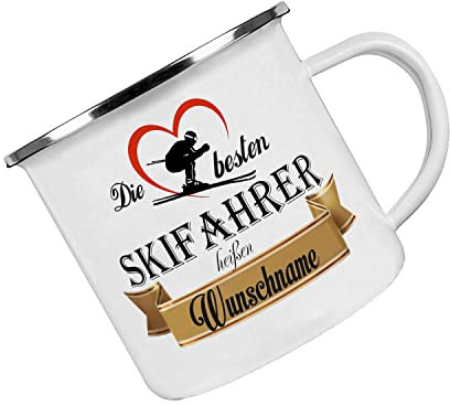 Crealuxe Emaille Tasse Die besten Skifahrer heißen... Wunschname - Kaffeetasse mit Motiv, Campingtasse, bedruckte Emailletasse mit Wunschtext, Wunschname, Spruch oder Bildern