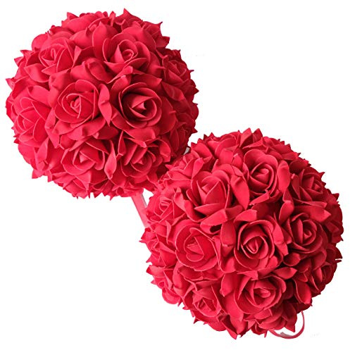 idyllic 8 Inches Artificial Flowers Roses, Kissing Flower Balls, DIY Wedding Bouquets Party Home Decorations, Set of 2, Red