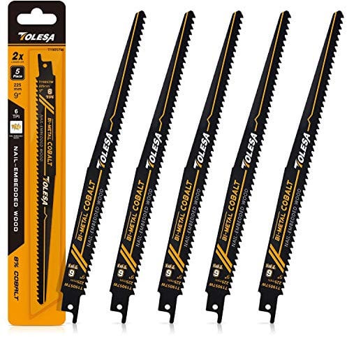 TOLESA Reciprocating Saw Blades for Wood Nail Embedded Window Door Demolition and Construction Wood Cutting 225mm 6TPI Sawzall Blades Bi-Metal Teeth with Cobalt Sharp Cutting 5 Pack
