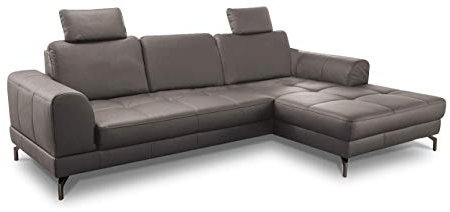 CAVADORE Ledergarnitur Benda / Großes Ecksofa mit XL-Longchair rechts & Federkern / Inkl. Sitztiefenverstellung & Kopfstützen / 284 x 87 x 175 / Echtleder: graubraun