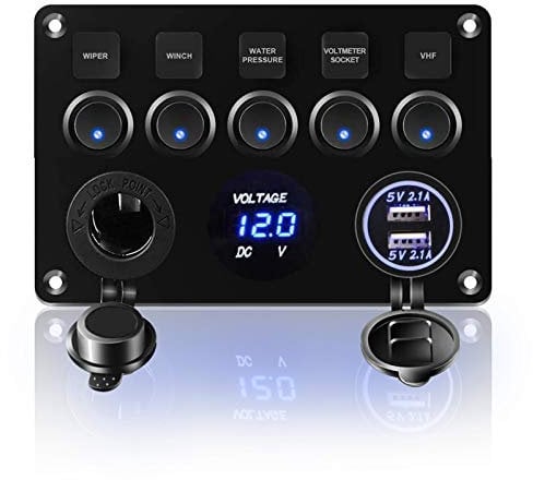 KAOLAI Schalter Panel 12V/24V 4.2A IP65 Wasserdicht Schalter Panel 12V Camper Dual-USB-Ladegerät LED Voltmeter Zigarettenanzünder 5 Kippschalter EIN/AUS für Boot Wohnmobil Fahrzeuge LKW