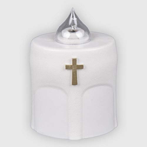 La Briantina Benedicto - Vela eléctrica con LED blanca, duración 150 días, color blanco con cruz dorada y luz intermitente, 11 x 8 x 6 cm