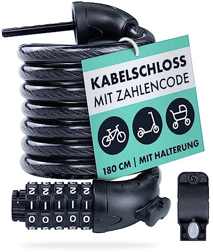 AARON Spin Fahrradschloss mit 5-stelligem Zahlencode - 180cm/12mm - Fahrrad Zahlenschloss mit hoher Sicherheit - Kabelschloss mit Halterung für E-Bike, Mountainbike, Trekkingrad - schwarz