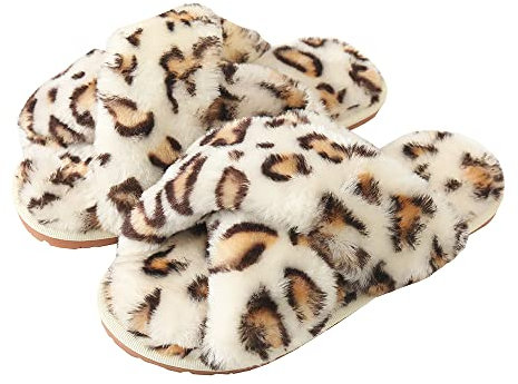 Hitopteu Pantofole Donna Peluche Casa Scarpe Bambini Invernali Slippers Ciabatte Aperta Pantofole Pelose Fluffy Infradito Bianco leopardo EU 39/40 per la dimensione dell'etichetta 39/40