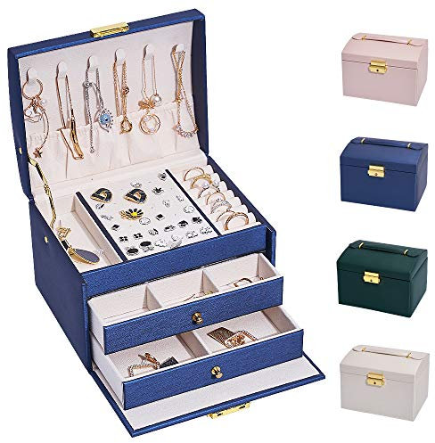 hombrima Schmuckschatulle, abschließbar, Schmuckschatulle für Damen, mit 2 Schubladen und 3 Ebenen, Aufbewahrung für Uhren, Halsketten, Ringe, Armbänder, Geschenkideen (Groß-Blau)