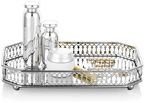 Nuptio Vassoio per Trucco Vanity Specchiato Argento, Vassoio Espositore per Gingilli Vassoio Specchio Decorativo Vassoio Cosmetico per Profumi Vassoio per Cassettiera Soggiorno Sala Pranzo