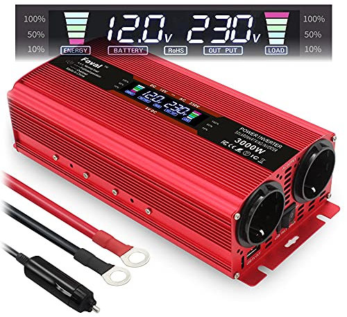 Yinleader Convertisseur 12V 220V 1500W Onduleur LCD | Convertisseur de Courant avec 2 Prises 1 USB - Rouge