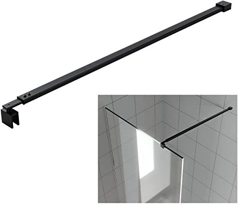 HTLOTUS Matte Black Stainless Steel Wall-Mounted Shower Support Bar Arm for 5/16 & 3/8 Thick Glass Door, 47 Inch Fixed Supporting Rod for Frameless Glass Panel