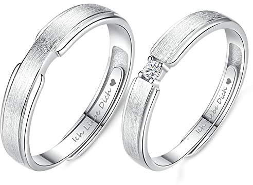 Whoiy Pärchen Ringe 2 Stücke Gravur Ich Liebe Dich Trauringe Gold Matte Ringe AAA Zirkonia mit Rundschliff, Silber, Geschenk Freundin Geburtstag (Verstellbar)
