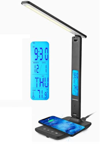 Blaupunkt Lámpara LED de Sobremesa con Cargador Inalámbrico - Puerto de Carga USB - Lámpara de Mesa Regulable con 5 Modos de Color - Brazo Ajustable - Oficina - Luz de Lectura - Pantalla LCD - Negro