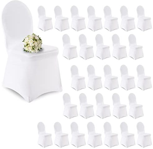 Raburg 30er-Set Stretch-Stuhl-Husse, runde Lehne, für viele Stühle & Anlässe, mit Schleife, Universal-Stuhlbezug/Stuhlabdeckung, Hochzeit Taufe Bankett Party Garten-Hochzeit, Cinderella, Weiß