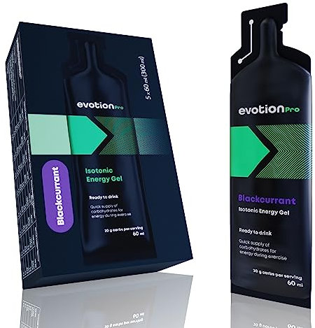 EVOTION PRO High Energy Gel 5 x 60ml - 80kcal 20g Kohlenhydrate pro Packung - Johannisbeere -Maltodextrin Power Gel Sport - Liquid Powergel Energy Shot - Energie Laufen Running Marathon Nahrung