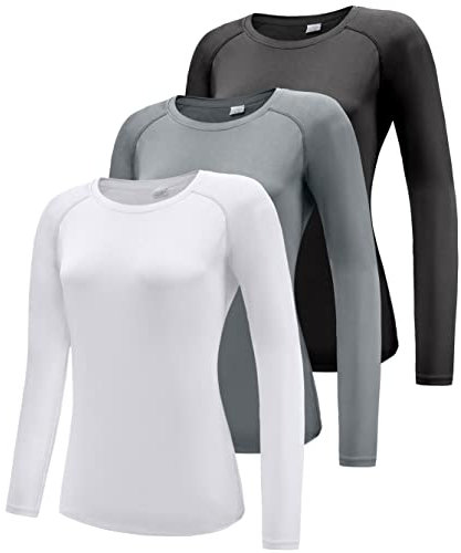 Damen 3er Pack Langarmshirt T-Shirts, UPF 50+ Sonnenschutz Schnelltrocknend Funktionsshirt Laufshirts, Atmungsaktiv Langarm Sportshirt Gym Yoga Top Workout Fitness Oberteil Black/White/Grey 3P01-XL