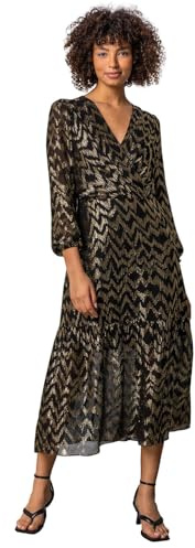 Roman Originals Dusk Fashion Women Metallic Zig Zag Tiered Midi Dress - Ladies Spring Everyday Summer Evening Vacation Work Holiday Long Sleeve Smart Casual
