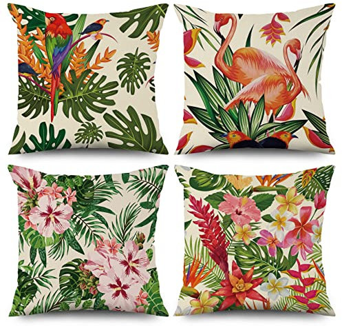 ASDCXZ Frühling Kissenbezug 40x40 cm 4er Set, Grün Blätter Rosa Blume Flamingo Sofa Dekokissen Kissenbezüge Kissenhülle Waschbar Polyester Flachs Textil Outdoor Polster Kopfkissenbezug Kissen Bezug