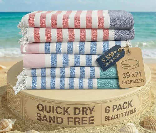 LANE LINEN Beach Towels 6 Pack, Cotton Rich Turkish Towels Oversized, Pool Towels For Adults, Pre-Washed, Sand Free Towel, Fast Drying Beach Essentials 39x71 - Multi Stripe