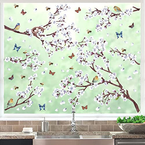 ANHUIB Frühling Deko Fenster Aufkleber,Fensteraufkleber Blumen Weiß,Vögel Fenstersticker,Fensterbilder Schmetterlinge Wohnzimmer,Wandsticker Blumen Kinderzimmer,Pflanze Wandtattoo,Blumen Fensterbild