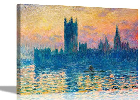 The Houses of Parliament Sonnenuntergang Claude Monet Kunstdruck auf Leinwand, gerahmt, fertig zum Aufhängen, 51 x 38 cm