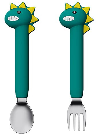 2PCS Tenedor Bebe, WitBicg Cubiertos Bebe, Cubiertos Infantiles Acero Inoxidable, Talheres Bebe Ayuda a Alimentar Al Bebé, Aumentar El Apetito, Niños Después De 1 año Uso (largo Dinosaurio Verde)