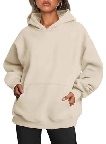 Trendy Queen Damen-Kapuzenpullover, übergroß, Fleece, langärmelig, Pullover, Herbst-Outfits mit Tasche, Beige, L