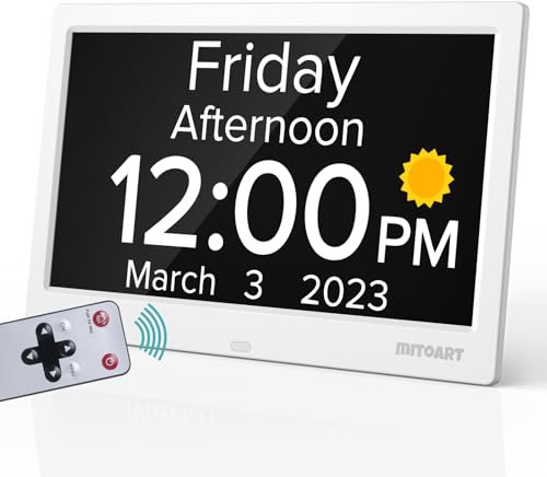 Mitoart Digitaler Kalender-Tageswecker, 10 Zoll Demenzuhr mit 8 Alarmen, Fernbedienung und One-Touch-Hilfe-Taste, tolles Geschenk für Senioren und Alzheimer-Patienten (Weiß)