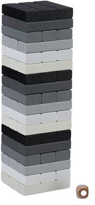 Relaxdays Wackelturm, Holzturm schwarz, weiß, grau, 54 Holzklötze, Würfel, Stapelspiel, HBT: 26, 5x7,5 cm, Mehrfarbig