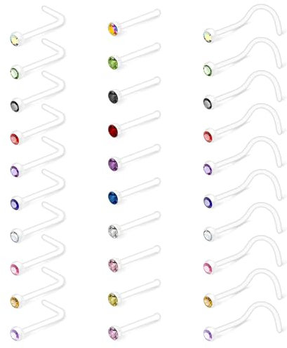 WillTen 30PCS 20G Plastik Nasenstecker Verstecken Piercing für Schule, 7mm Kunststoff Clear Nose Piercing Mix Farbe, Clear Piercing Retainers Schmuck-Set für Frauen Männer